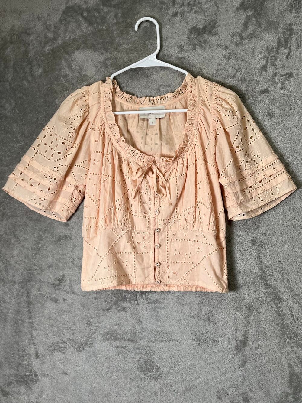Cleobella Peach Eyelet Lace Peasant Blouse Romantic Boho Cottagecore Coquette S